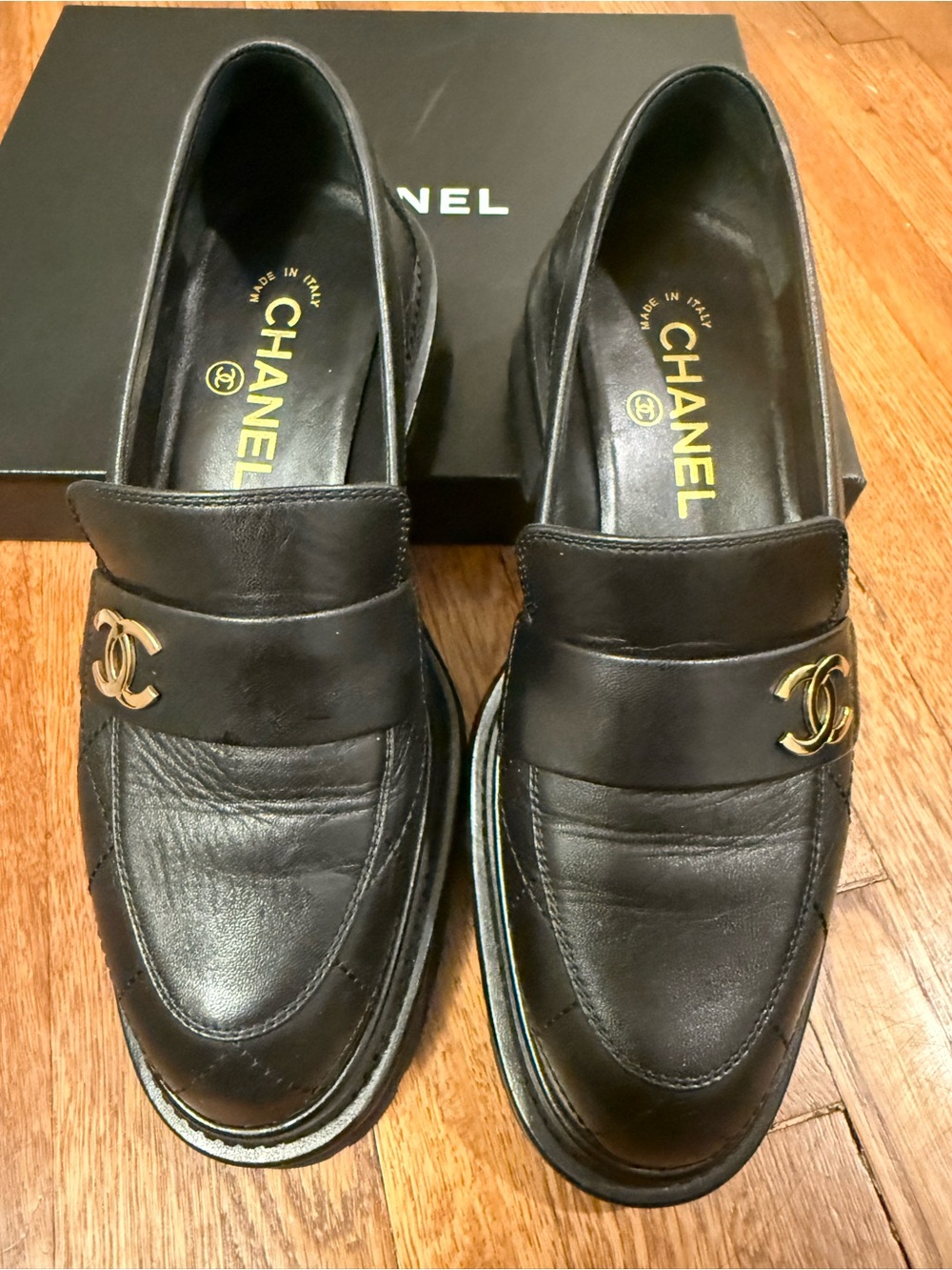 CHANEL Calfskin Quilted CC Mocassin Loafers 36.5 Black